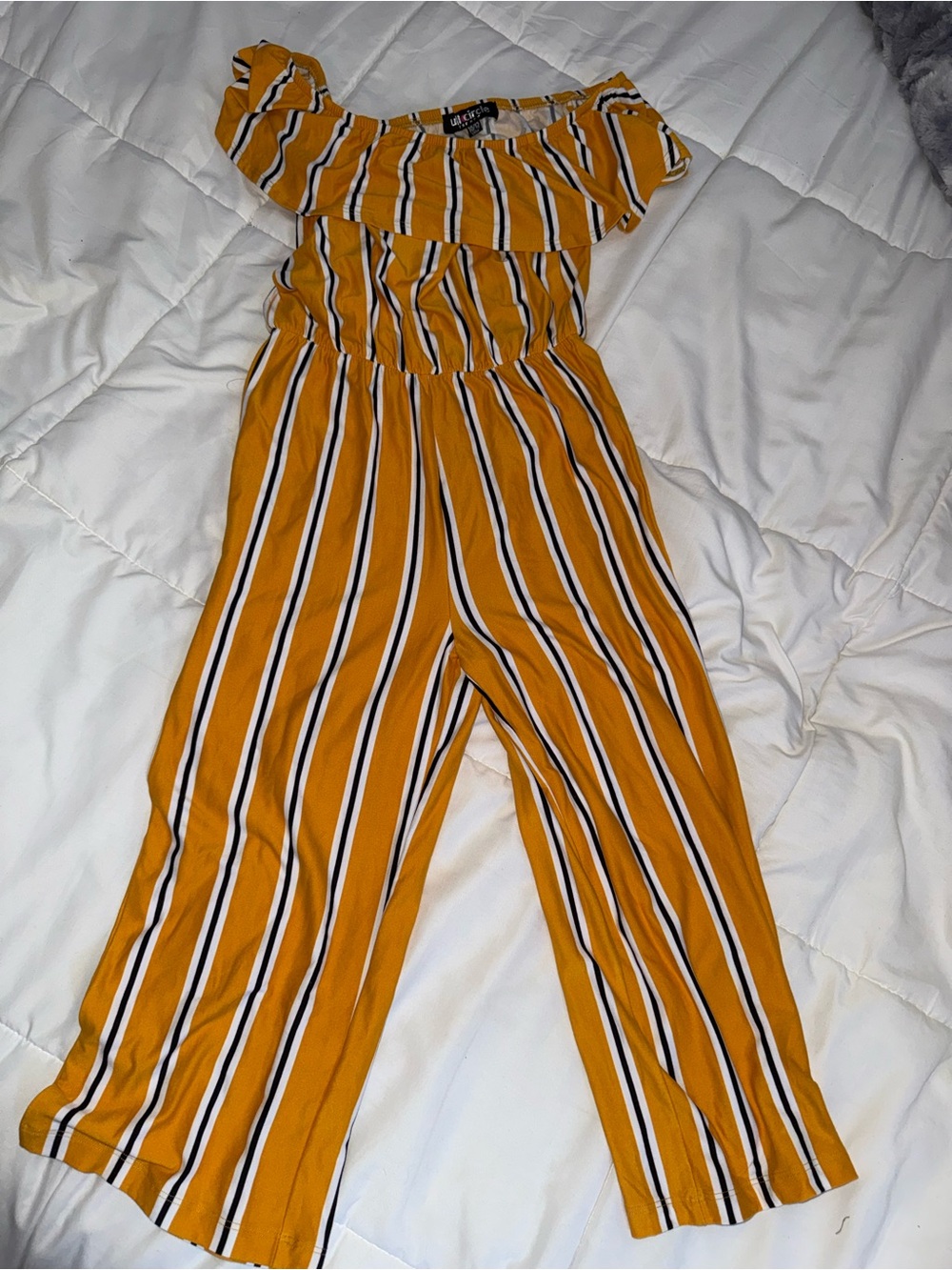Striped Mustard Off the Shoulder Jumpsuit